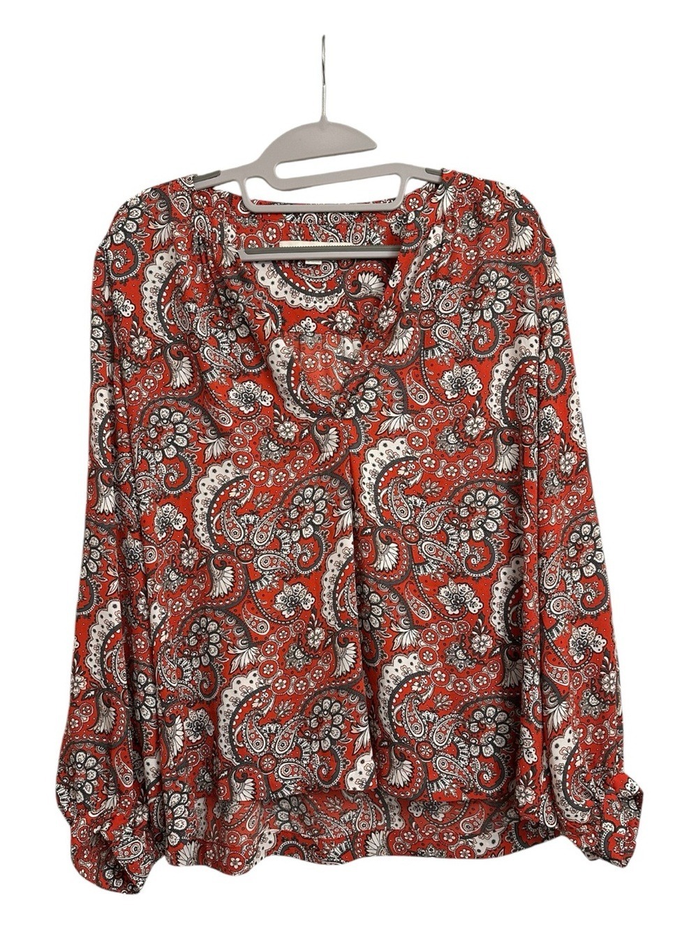 LOFT Red Paisley Split Neck Long-Sleeve Blouse